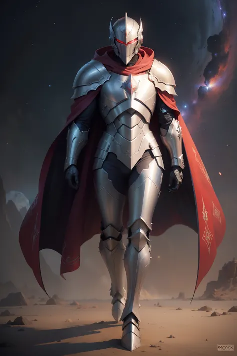 **by mooncryptowow,A suit of armor with a galactic design on it, with a cosmic texture in 4 different positions concept art 4k, medieval with a long red cape on the back with no person wearing it --no People --style Fantasy --size 1:1