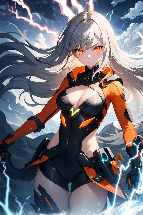 masterpiece, best quality, 1 girl, gray hair, orange eyes, (glowing eyes:1.2), dynamic pose, (orange lightning), storm clouds, serious, fantasy