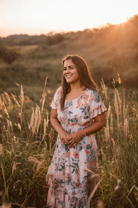 Arafed woman in a floral dress standing in a field, Tiro na Hora de Ouro, Standing on the grass at sunset, na hora dourada, morning golden hour, Durante a Hora Dourada, Na hora dourada, 7 0 mm portrait, Retrato de 50mm, Retrato de 60mm, luz solar da hora d...