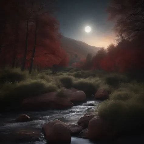 Stone red, Moonlight Stream, Concept art, Digital Art, Hyper realistic, Octane Render, super detailed, 8K