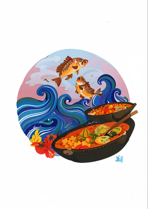 Recrie a imagem, pintura de um peixe e uma tigela de comida sobre uma mesa, Directed by: Jeka Kemp, inspirado em John Steuart Curry, Directed by: Juliette Wytsman, delicioso, inspirado em Nishida Shunei, Directed by: Whitney Sherman, inspired by Kanō Tanyū...