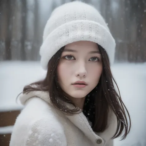 (8k、top-quality、Masterpiece、超A high resolution:1.2) (Paul Rubens and Rebecca Guays style:1.1) (Gloomy winter snow:1.4) Beautiful Japan Pictures of Women、Wearing a knitted hat