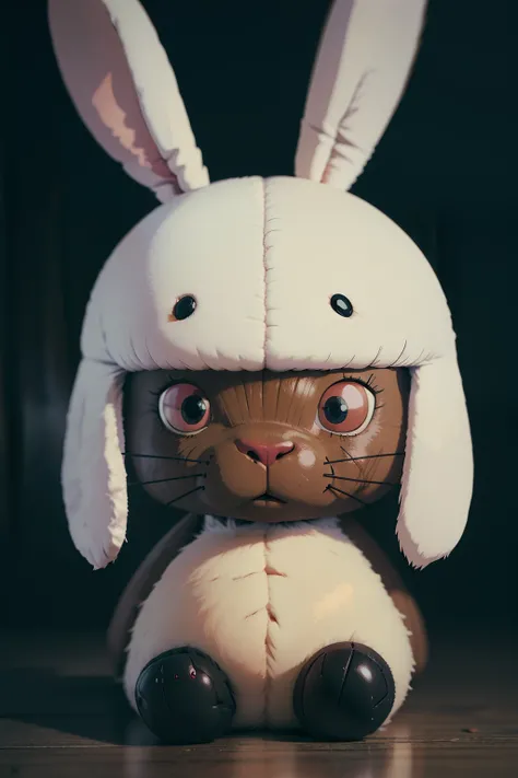 A stuffed bunny, brinquedo, soio, peludo cinzento, olhos vermelhos, terror, monstro