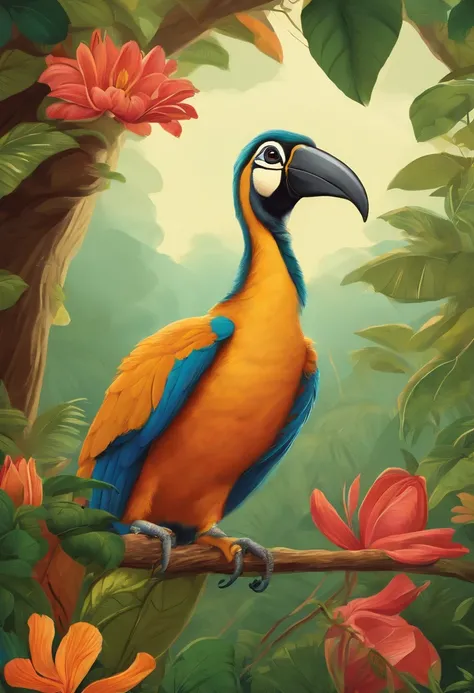 Um desenho estilo cartoon que represente a fauna e flora do Brasil