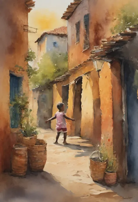 Create a watercolor image that captures the joy and liveliness of a child from the outskirts of São Paulo playing hide-and-seek. The child should be portrayed wearing simple and colorful clothes, barefoot, in a characteristic urban setting of the outskirts...