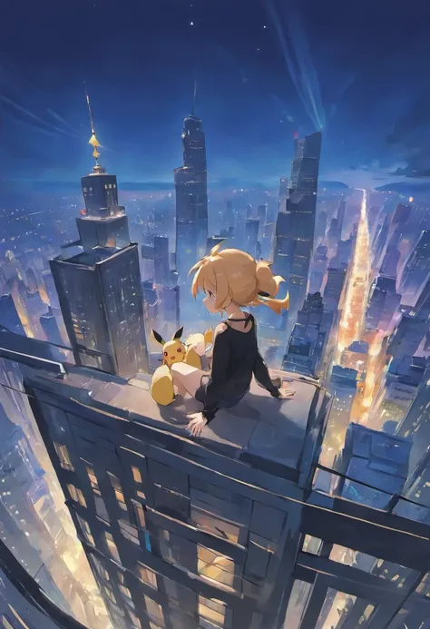 a girl wearing black top sitting on a skyscraper edge, by studio ghibli, city scenery, detailed illustration, official art, in the style of kawacy, graceful movement, nocturne, composed, hd wallpapers