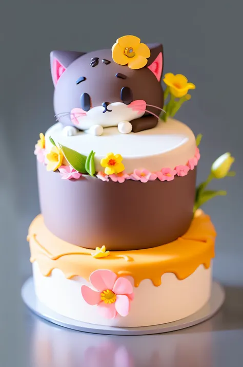 make a small cat with a flower in her ear on top of a huge cake