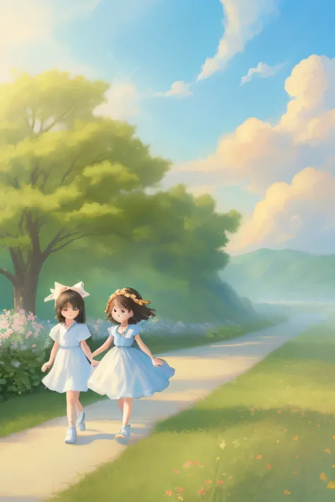 two children walking, ​masterpiece、top-quality、morning、stroll。pup、1girl in、Cloud Girl、floating in sky、a closeup、with light glowing、Happiness、Fresh morning sunshine、(Spark:0.7) 、stroll、landscapes