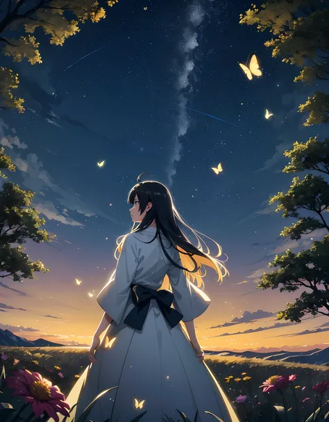 Landscape, Anime landscape field of glow flowers and lots of glow butterfly flying around in the standing back japanese girl with unique long dress, butterfy, lots of glow butterflies, fireflies, very many lots of fireflies, makoto shinkai, kimi no nawa me...