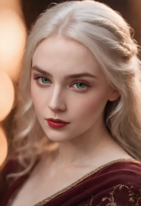 (((a deep reddish wound crosses her left cheek))) fair complexion, woman around 19 years old, natural white hair, distinctive green eyes, wearing kohl, slender and graceful, beautiful, candlelight in a medieval setting, ultra sharp focus, realistic shot, m...