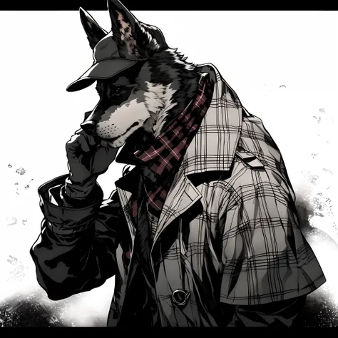 The image of a dog in a hat and coat talking on a cell phone, Detective, detective clothes, noir detective and a fedora, Aiden Pierce, commission for high resolution, detective coat, noir detective, A high resolution, low res, Detailed fanart, he is wearin...