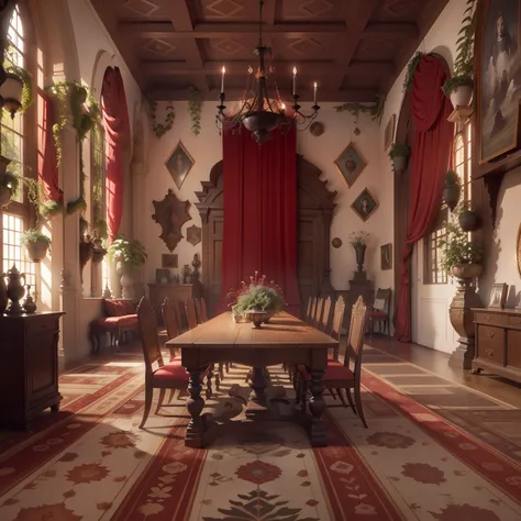 Sala grande feita de orou, tapete vermelho,janela, perspectiva de um ponto, sala grande vazia,mesa ao lado,Front angle,estilo medieval