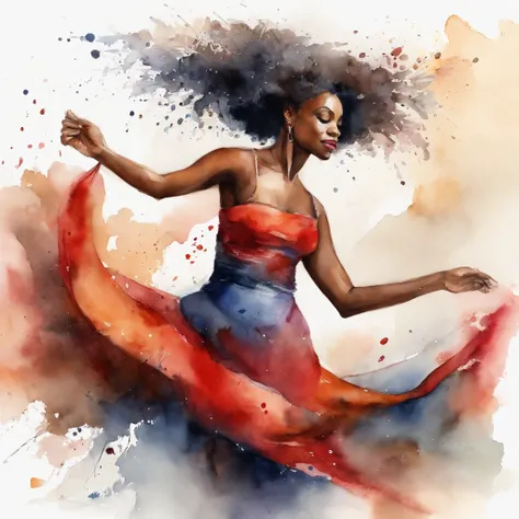 Black woman dancing with long, cabelo ondulado usando uma saia branca redonda e uma regata vermelha