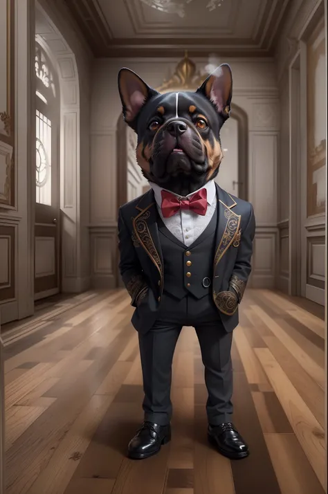 (1 Dog in a suit，insanely detailed and intricate, hypermaximalist, elegant, ornate, hyper realistic, super detailed)，  dogy，Bow knot，standing on your feet，full bodyesbian，malefocus，shoe，obi strip，trouser，inside in room，neck bowtie，Manteau，Black bow，facial_...