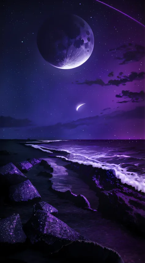 purple and black photo of the beach with the moon and comet, purplish space in background, purple sky in moonlight, moonlit nigh...