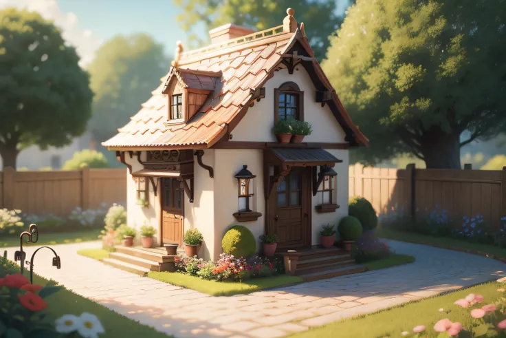 Small miniature European style house and garden in the lower right corner of the screen、No humans、cute little、Fantastical、Light beige background、photos realistic