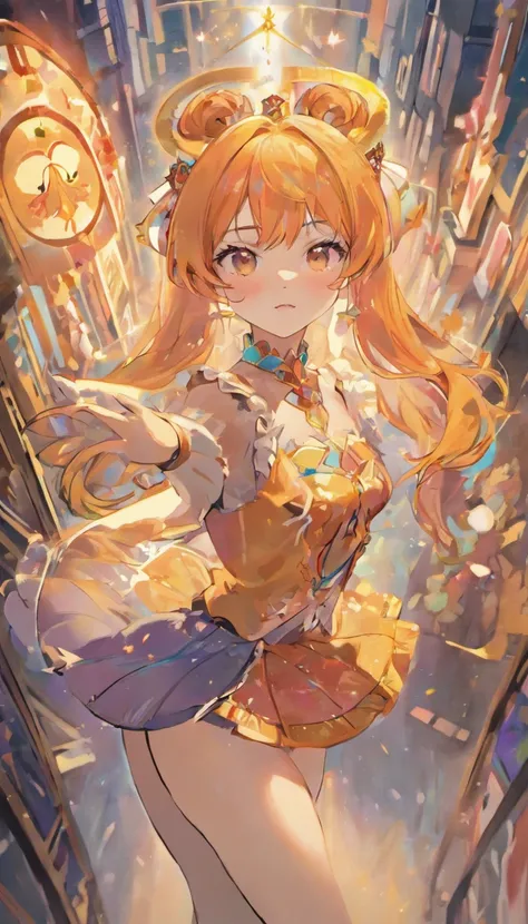 (masterpiece:1.5) (bestquality) highlydetailed ultra-detailed cute (1girl) (princess hair:1.2) (bangs) (black long hair:0.8) (high ponytail) (long ponytail braid:0.8) (long straight hair:0.8) (orange eyes) (amber eyes) (blue highlights) (headband)cute, pla...