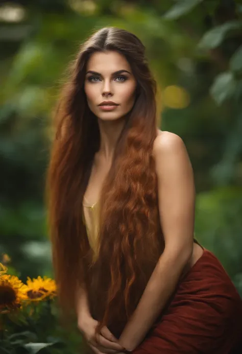 Uma mulher com cabelos longos e lisos, penteando-os com uma escova de cerdas naturais