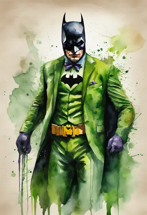 uma so figura mas Metade Batman com seu traje de luta e a metade joker com seu terno verde e cabelo verde. hiperealismo