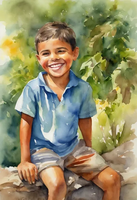 Create a watercolor image depicting a cheerful and simple-looking boy from the outskirts, of Hispanic ethnicity, wearing colorful, worn-out clothes and flip-flops. He should be grinning playfully while hiding in a tree, with dappled sunlight and leaves cas...