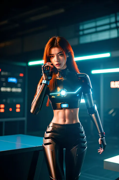 cybernetic robot A photo of a cybernetically enhanced young woman, sporting a sleek and slim mechanical torso, messy vibrant hair, donning a futuristic cyberpunk fashion with visible midriff and striking tattoos. . android, AI, machine, metal, wires, tech,...