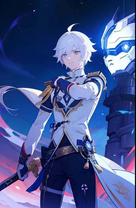 a white hair boy with a sword and a robot right arm set in a genshin impact world