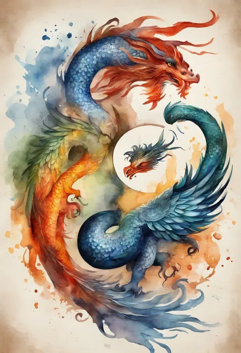 Yin Yang with a phoenix and a dragon