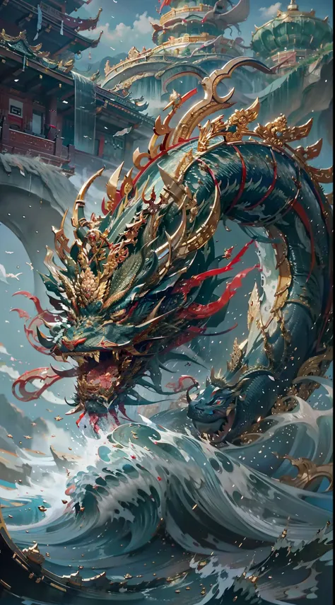 chinesedragon，the sea，writhe，downpours，salama，rainbowing，temple，works of masters，best image quality，high detal，超高分辨率，in a panora...