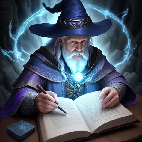 an old wizard doing spells, emphasis on its action, texturas ultra detalhadas, layers of textures faithful to reality, profesional lighting, detalhamento realista cores azul escuro e roxo