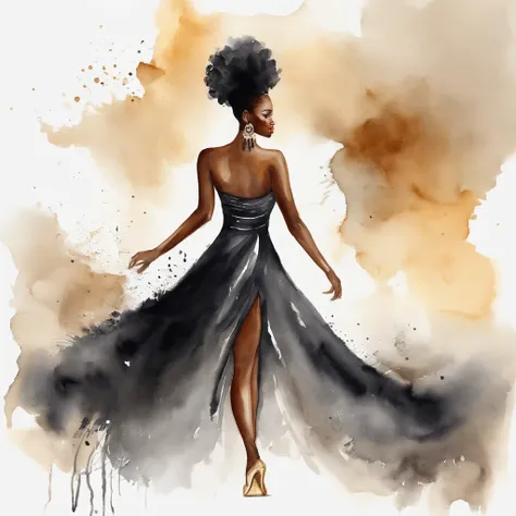 Black woman dancing with long cabelo liso e uma coroa vestindo um vestido dourado rodado com um espelho na mao