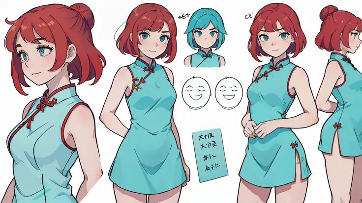 ((best quality)), ((masterpiece)), ((realistic)) 19 years old, Redhead Girl, shoulder-length hair, relaxed happy face ((slender)) (busty), ((( Cheongsam turquoise short dress ))) (((mini skirt))) ((sexy dress)) Bun Hairstyle (((detailed character sheet, fr...