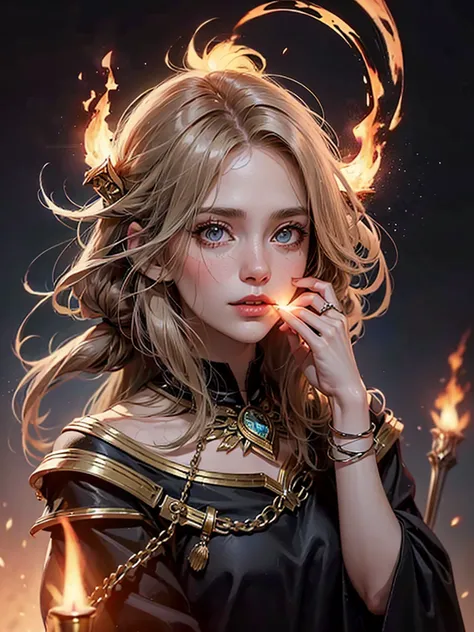 Dressed in a witch costume holding a bright wand, female mage conjuring a spell, dark fantasy female mage, female sorceress portrait, beautiful female sorceress, female mage, female fire mage, fire mage character