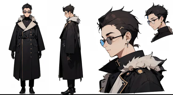 ((best quality)), ((masterpiece)), ((realistic)) 19 years old, boy, short curly hair, relaxed happy face (((glasses |)), ((simple male earring)), ( (raccoon coat)), ((Simple artwork)), ((simple colors)), (((detailed character sheet, front view, side view, ...