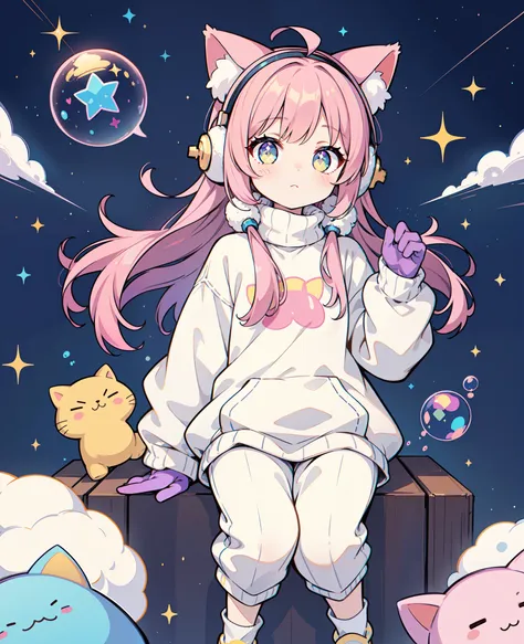 (depth of field), (perfect body), (perfect anatomy), (Korean idol face), (1 girl), cat girl, solo, gloves, fluffy clothes, pants, sweater, sleeves, socks, slippers, pastel colors, (purple, blue, pink, yellow), cozy, dreamy, stars, stickers, bubbles, glitte...