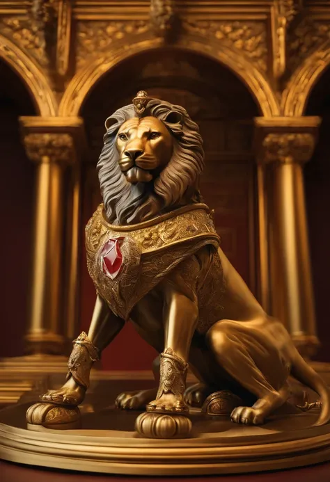 um homem forte,Cavaleiro Centauro, Armadura dourada，armadura de ouro，segurando uma espada e um escudo，with a lion in the background, Estilo Real，comiс style, , Scattering of subsurfaces, detalhe ornamentado, fundo da natureza, hyper-realistic, cinemactic, ...