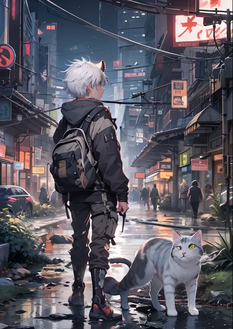 1boy,male ,Cyberpunk Boy、katanas,machine gun、Cats ears、silber hair、poneyTail、Whole body bloody、The beginning of the adventure、Into the cloud、Chaotic city of the future、ruined and devastated city、Very complex Japan buildings、railroad crossing、trees、Warm lig...