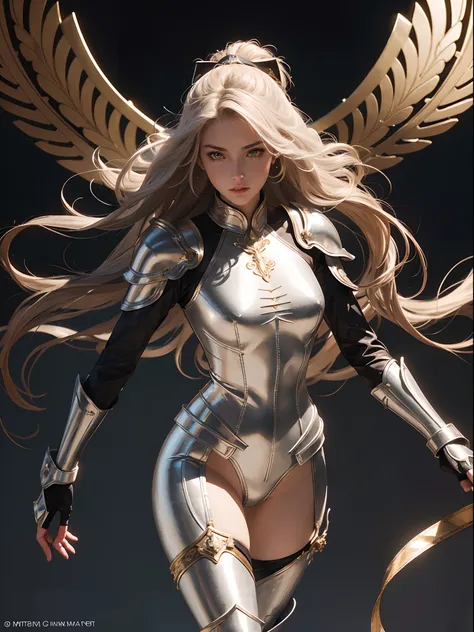 tmasterpiece，High-definition CG diagram，beautiful female warrior，Detailed eyes and face，Tall figure，All-platinum skinny armor，Sparkling armor，Ribbons flutter around the armor，metallic  luster，Perfect metal，Extra-long leather boots，Over-the-knee leather boo...