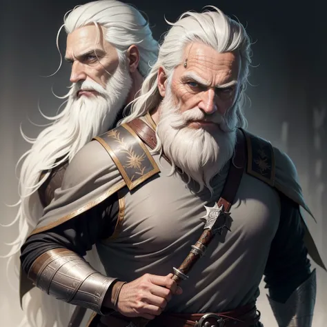 Desenhe um homem mais velho com cabelos grisalhos e barba longa e branca. He wears a wizards tunic with black and brown accents. Vesemir has a wise and experienced expression on his wrinkled face. Ele carrega uma espada de bruxo nas costas e tem uma postur...