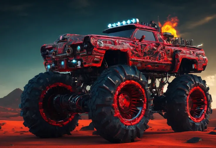 monster truck, cybernetic style, (vibrant colours: 1.2), desert background, Dramatic fire and smoke, intricate details, black and red colors, (masterpiece:1.2)