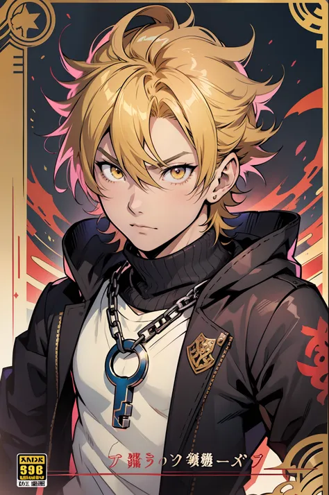 Anime boy with chain around neck and yellow eyes, arte chave do anime, Gatilho Estilo de Arte de Anime, arte chave detalhada do anime, Principais visuais de anime, capa de anime, inspirado em Okumura Masanobu, estilo de arte persona, manga cover style, vis...