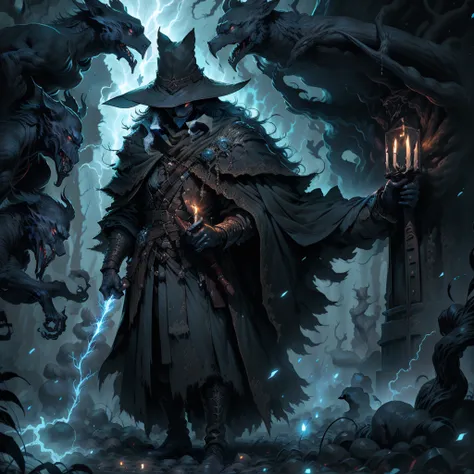 soul card, Linha, Tiro completo (Front view), Classic Elder Witch Walking Through the Deep Forest, (night lightning)