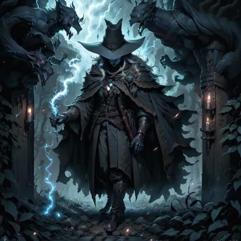 soul card, Linha, Tiro completo (Front view), Classic Elder Witch Walking Through the Deep Forest, (night lightning)
