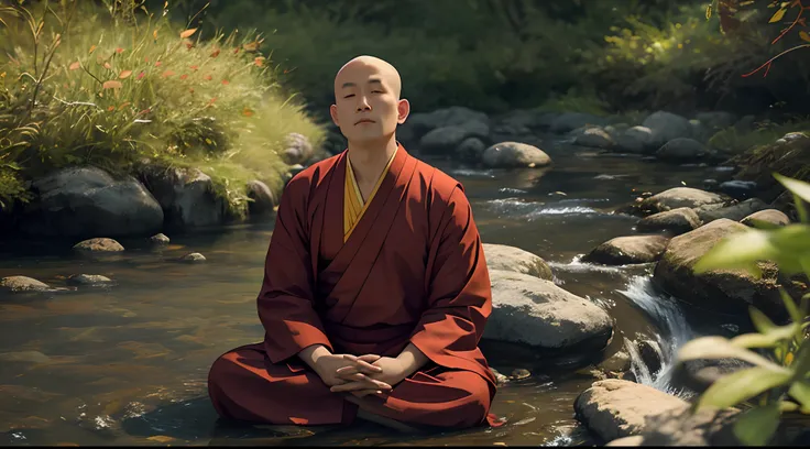 A Buddhist monk meditating By the stream, his coral-colored threads are coming out The facial expression is peaceful, cinematic lighting hyper realistic super details skin texture is very detail