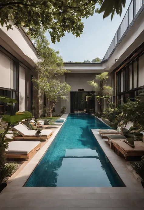 One side of the courtyard has a private pool and fitness area。The design of the pool is simple and modern，There is clear blue waters and a comfortable poolside，To enjoy swimming and playing in the water。Fitness area is equipped with equipment and yoga mats...