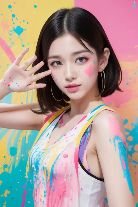 （top-quality、8K、32K、​masterpiece）Background splattered with colorful paint、idol、Looks fun、Dancing