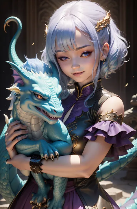 A woman holding a dragon in her hands. Dragons eyes are closed and is smiling. The girl has light blue hair and light purple eyes. The dragon is black and gold