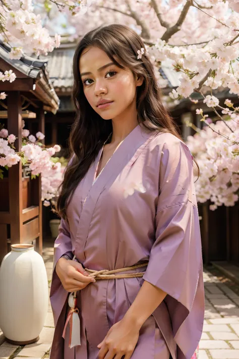 Craft a photorealistic, hyper-detailed image of Jenna Ortega in a fully clothed and covered, traditional kimono standing amidst a cherry blossom grove in full bloom. Use film grain and a mix of natural light and traditional paper lanterns for soft illumina...