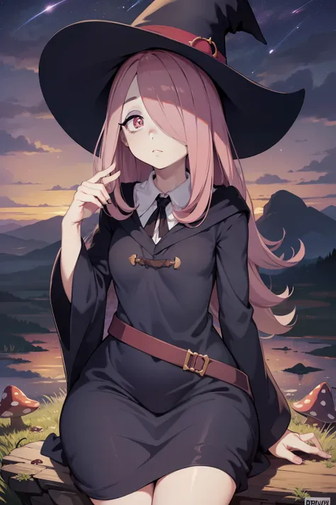 masterpiece,best quality,high quality, best quality, 4k,8k,Sucy Manbavaran, witch hat, dull pink hair, night sky, stars, hair over eye, illustration,anime style, pale skin, droopy eyes, sleepy expression, curvy, sitting on rock, field of mushrooms