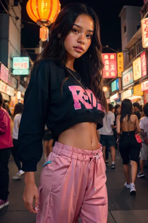 Craft a photorealistic, hyper-detailed image of Jenna Ortega in a fully clothed and covered, casual streetwear ensemble amid the vibrant chaos of an Asian night market. Use film grain and colorful lanterns for a lively lighting scheme. Close-ups should foc...