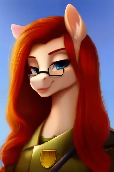 painted portrait of a pony's face, she wears glasses and a military uniform, has long red hair and a calm expression on her face...